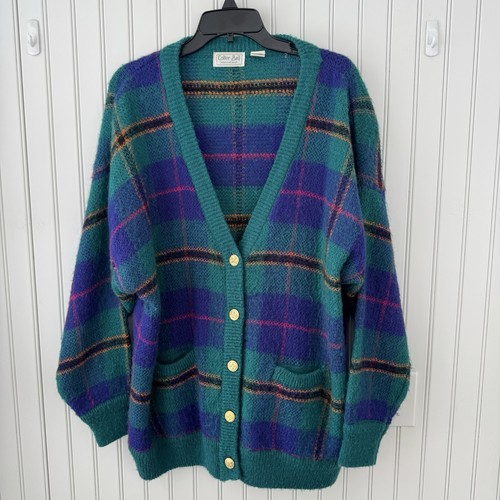 Vintage 90’s Oversized Cardigan Sz XL Mohair Blend Plaid Preppy Academia Y2K