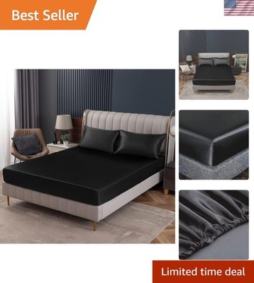 Black Satin Fitted Sheet Queen Size, Deep Pocket, Luxury & Ultra Soft Bedding