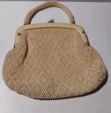 Ivory colored vintage beaded diamond Handbag/purse handmade in Hong Kong 1950s