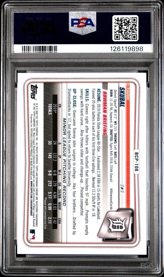 2020 BOWMAN CHROME PROSPECTS #BCP108 TARIK SKUBAL 1st RC PSA 10 DETROIT TIGERS - Image 2 of 3