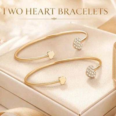 2X Gold Rhinestone Double Heart Open Cuff Bangle Bracelet Set, Adjustable OSFA