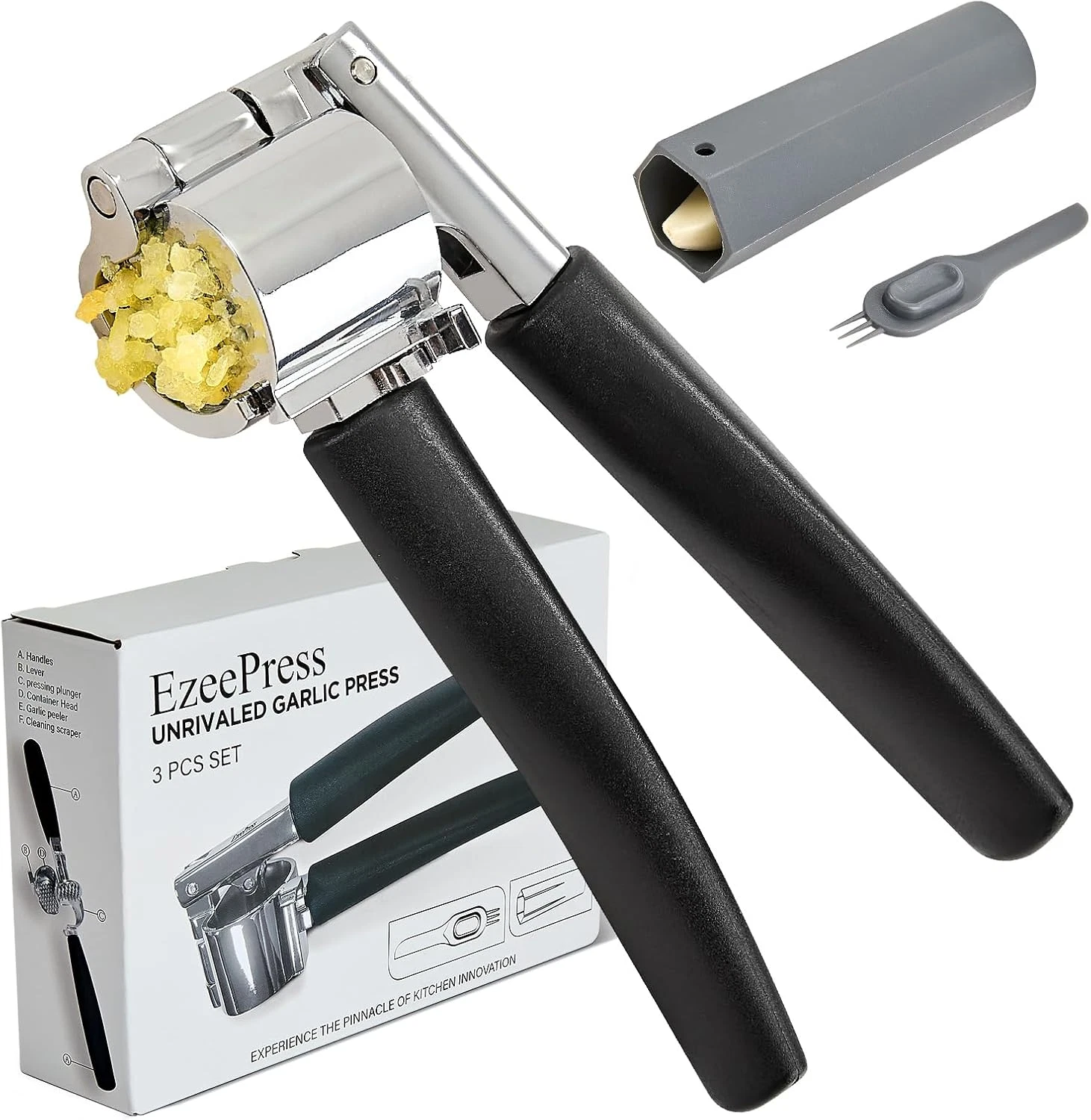 Garlic Press Mincer, Crusher Set with Removable Chamber - Ergonomic Handle, Dish