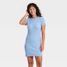 Women Short Sleeve Rib Mini Sweater Dress - Universal Thread Blue S