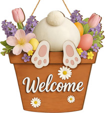 Easter Welcome Sign for Front Door, Easter Bunny Wooden Hanging Sign for Home De