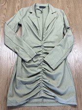 Pretty Little Thing Women's Sz 2 Khaki Green Ruched Linen Blend Shirt Dress