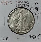 1938-D Walking Liberty Silver Half Dollar Choice AU+/UNC Natural Surfaces