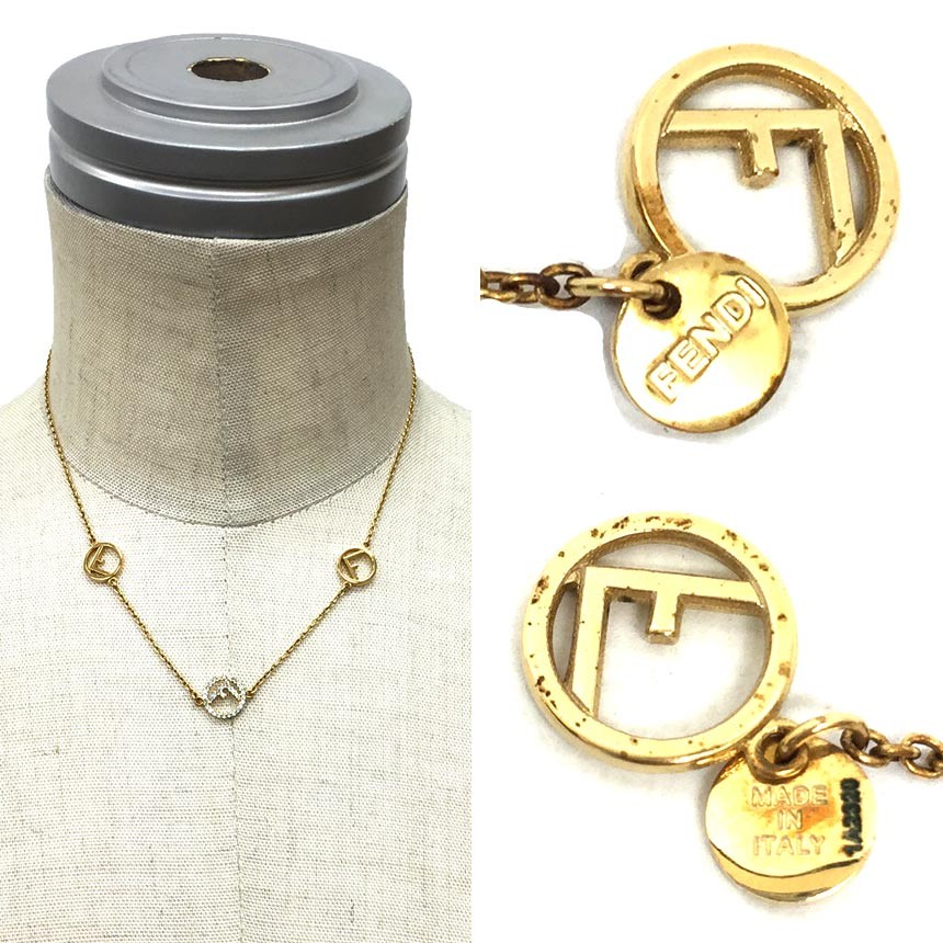 FENDI Necklaces Pendants FF F is Fendi Rhinestone Gold x Blue Round w/Box image 3