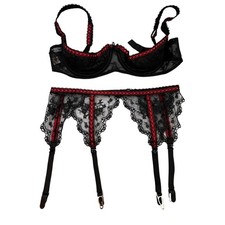 Fredericks of Hollywood 36C Lace Bra Garter Belt Set Red Trim