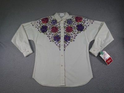Vintage Roper Western Shirt Womens Medium White Floral Flowers Rodeo Horse Show