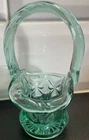 Vintage Fenton Art Glass Mini Green Basket Ruffle Edge w/ Applied Handle 4 1/2”