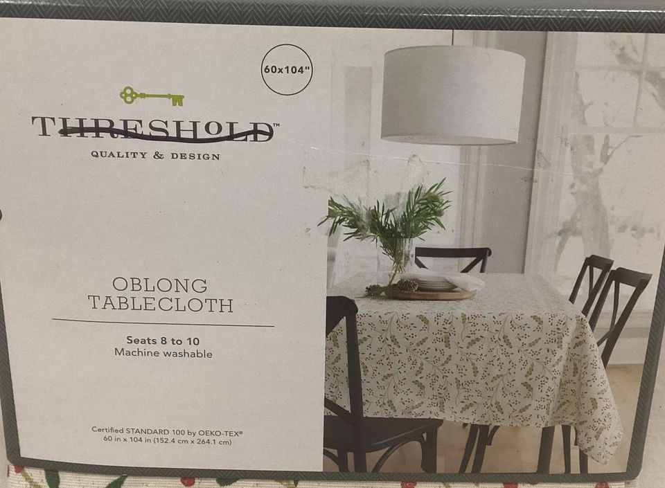 Threshold Oblong Tablecloth 60x104” Beige Red Holly Berries Christmas NEW - Image 2 of 4