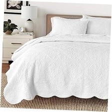 White Size 3 Piece Blantyre Scalloped Edge Cotton Quilt Set King