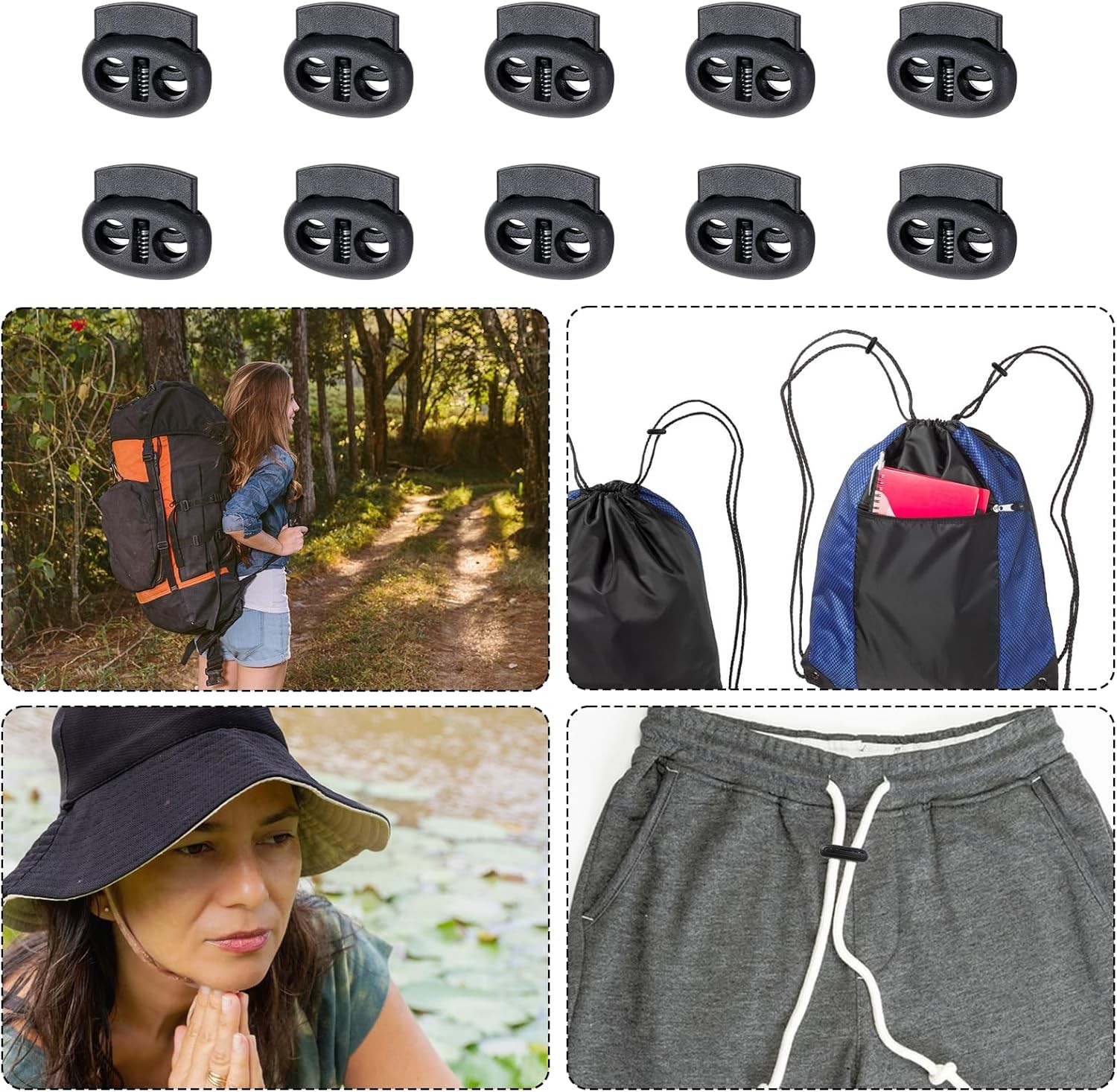 10Pcs Shoe Lace Tie Locks, Plastic Elastic Cord Locks for Drawstrings Double Hol