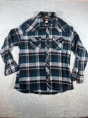 Wrangler Double Pocket Multicolor Plaid Pear Pearl Snap Long Sleeve Flannel XL
