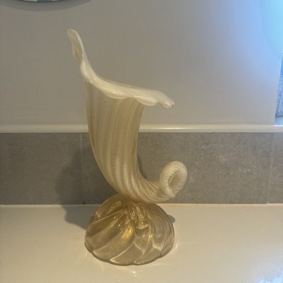 Archimede Seguso Murano Kunst Glas Gold Trompete Horn Vase Skulptur 12''