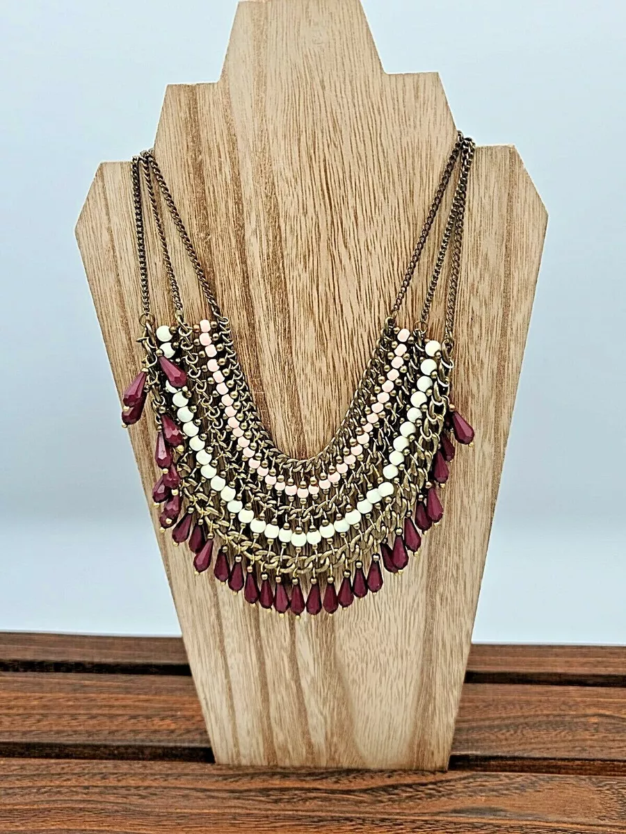 Antique Bronze Beaded Statement Necklace Woven w Mauve White