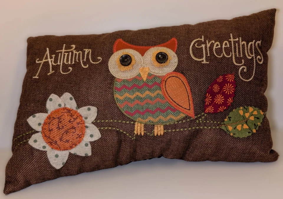 Retro Owl Pillow Embroidered Autumn Greetings Burlap Cottage Boho - Image 2 of 4