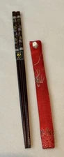 Vintage Collectible Wood Chopsticks with Embroidered Silk Holder Unused