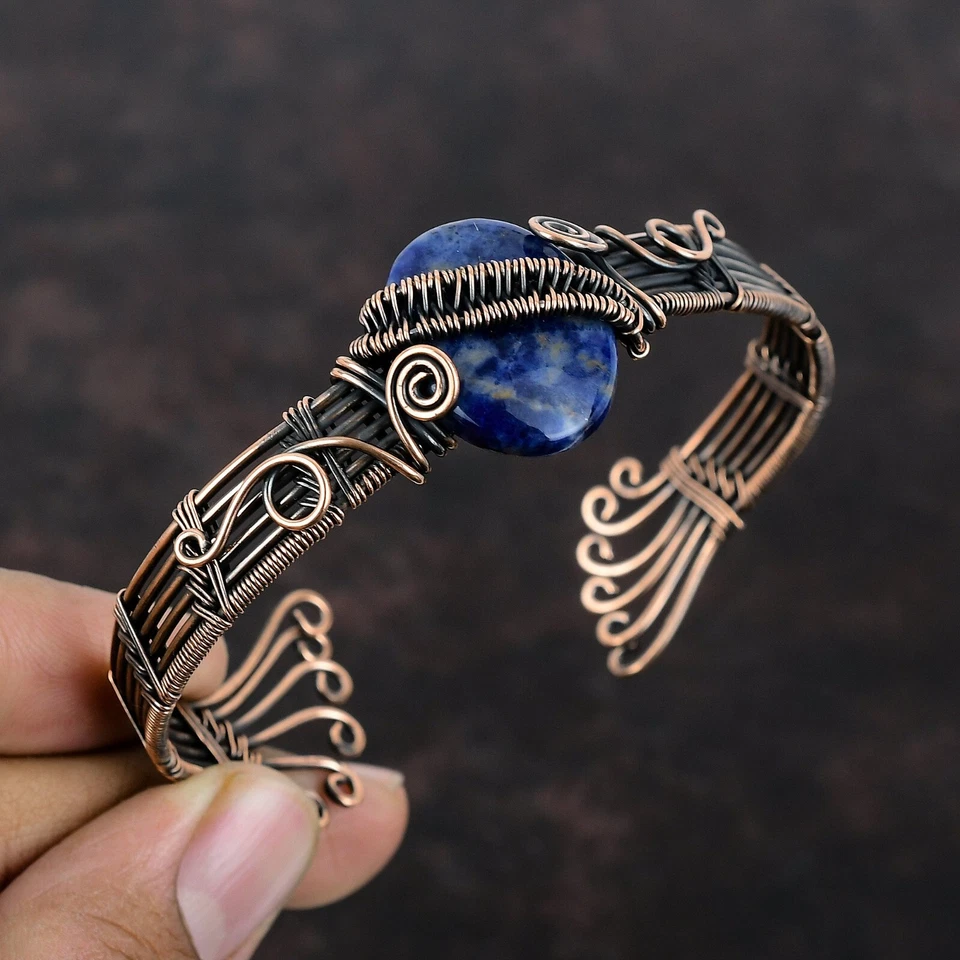 Brazalete ajustable envuelto en alambre de piedras preciosas de sodalita joyería de cobre para niñas Foto 2 de 4