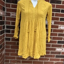 Old Navy Pintuck Yellow Dress Size Small Long Sleeve Pleat Mustard NWT