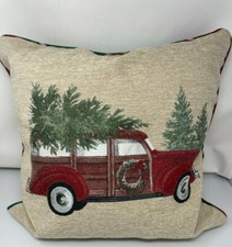 New Christmas Red Truck Carrying Tree with Red Plaid Reversible Pillow 18" x 18"