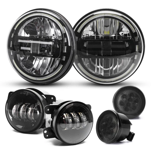 07-18 For Jeep Wrangler JK Black 7" LED Headlights+4" Fog Lights+Turn Lamp Combo