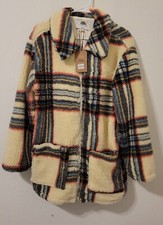 1 Sunset Lane Multi Color Plaid Cream Fleece Sherpa Jacket Sz L Nwt