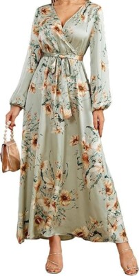 Women's Summer Wrap V Neck Long Sleeve Belted Floral Maxi Dress