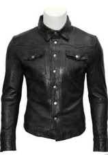 Men's Black Genuine Lambskin Leather Shirt Stylish Handmade Casual Wear