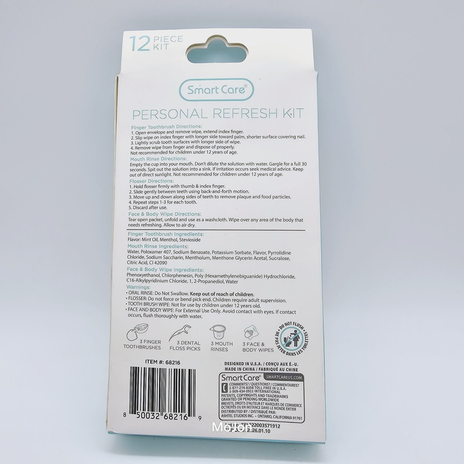 Smart Care Personal Refresh 12 Pc Kit Finger Toothbrush Mouthwash Face Wipe 1/26