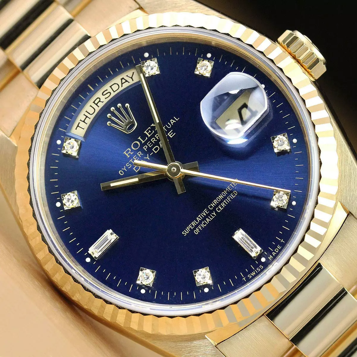 ROLEX MENS DAY DATE PRESIDENT BLUE FACTORY DIAMOND DIAL 18K YELLOW GOLD  WATCH