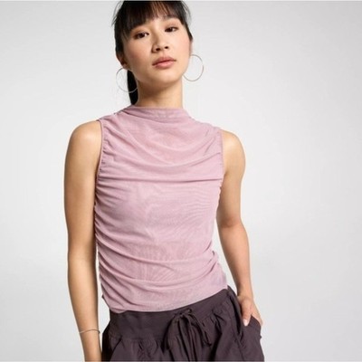 Calia Ruched Mock Neck Tank Women s M Berry Pink Sheer Sleeveless NWT