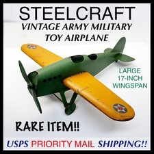 VINTAGE STEELCRAFT PRESSED STEEL TOY AIRPLANE - ARMY MILITARY AIRCRAFT RARE