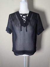 Banana Republic Factory Blouse Women's XS Navy Sheer Pleated Front Short Sleeve