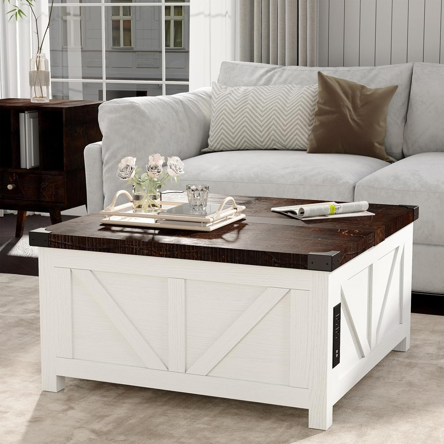 Farmhouse Lift Top Coffee Table with Storage, Wood Square Center Table with Char