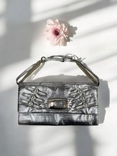 Guess Silver Metallic Faux Leather Clutch Purse Chain Strap Crossbody Glam Bling