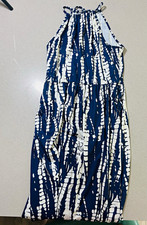 KILIG Blue/White Abstract Halter Tie Neck Maxi Dress Sleeveless Slit Size S