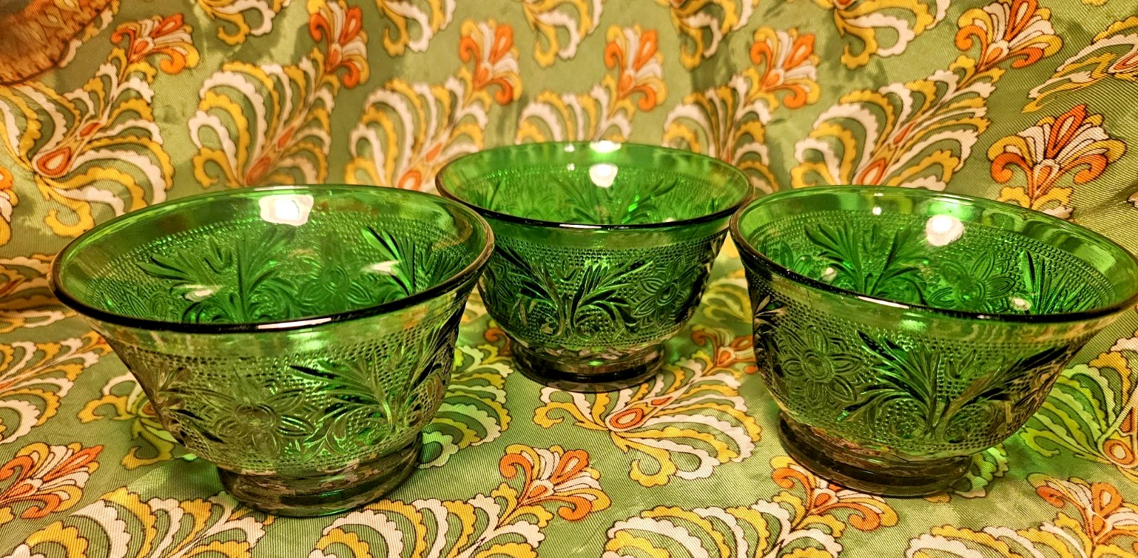 Vintage Anchor Hocking Forest Green Sandwich Custard Cups 3 Sets of 3