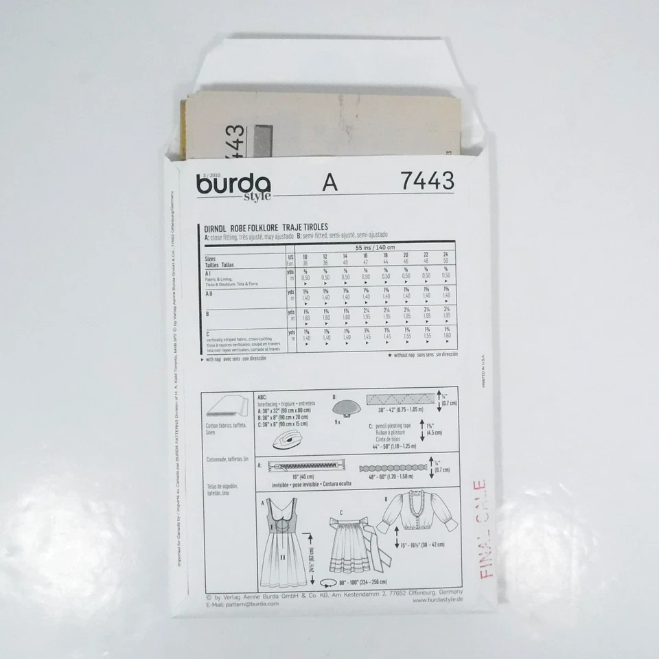 Burda 7443 Misses Dirndl Costume Pattern Size 10-24 Uncut Apron Fitted Ruffles - Image 4 of 4