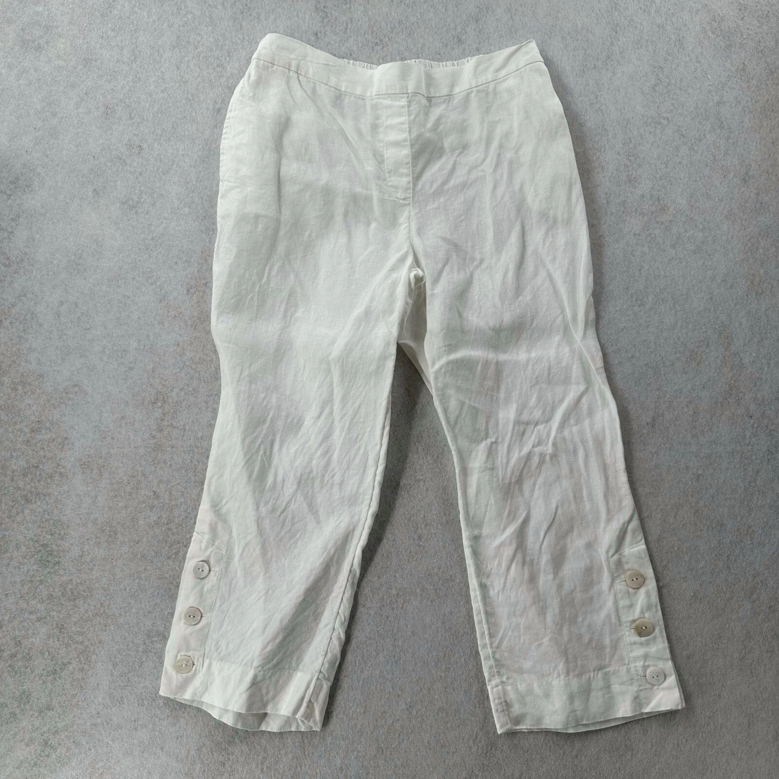 Chicos White Linen Capri Pants Womens 10 Shell Button Accents Wide Leg Pull On