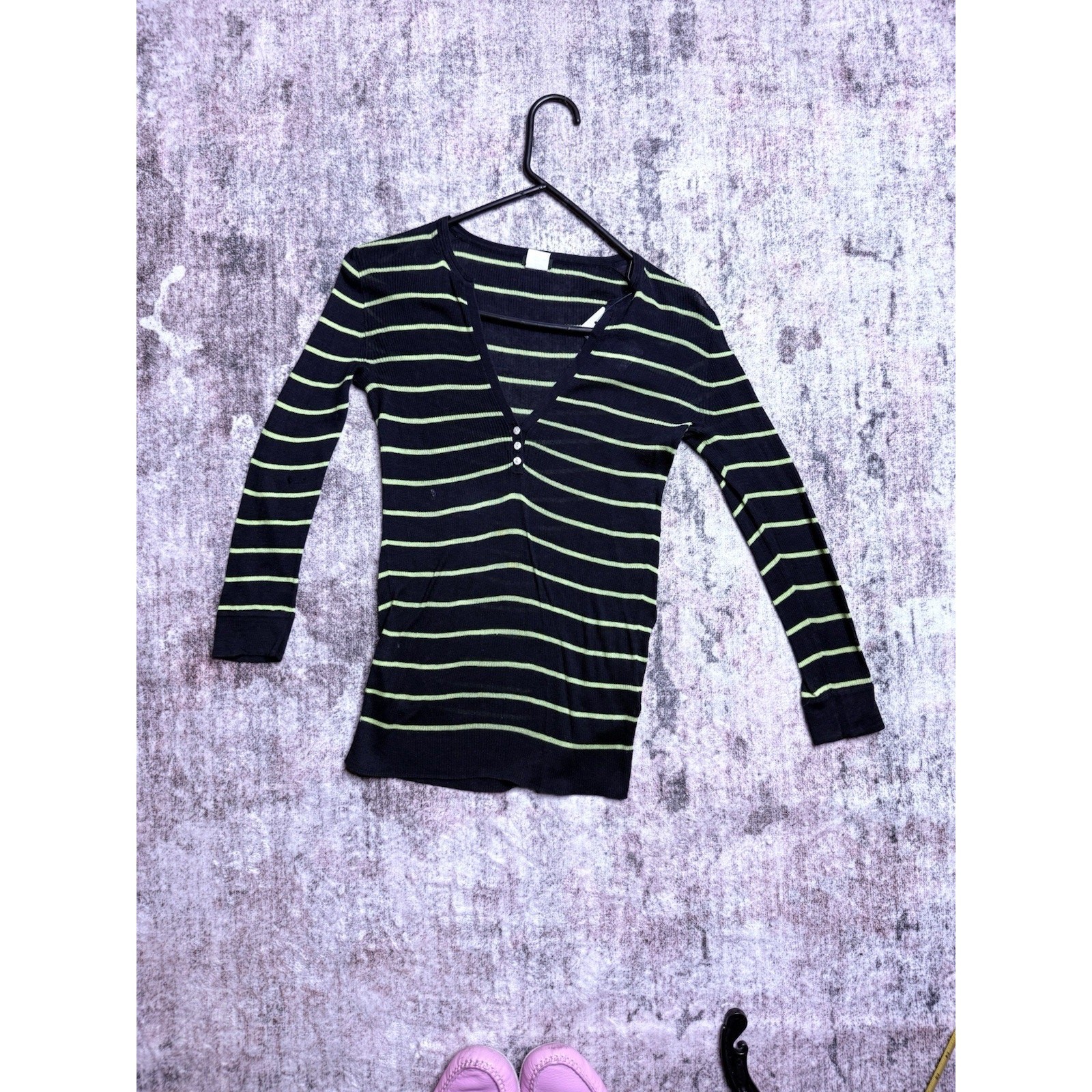 VTG J.Crew Top XS Henley Blue Striped Long Sleeve Ribbed Y2K Sheer