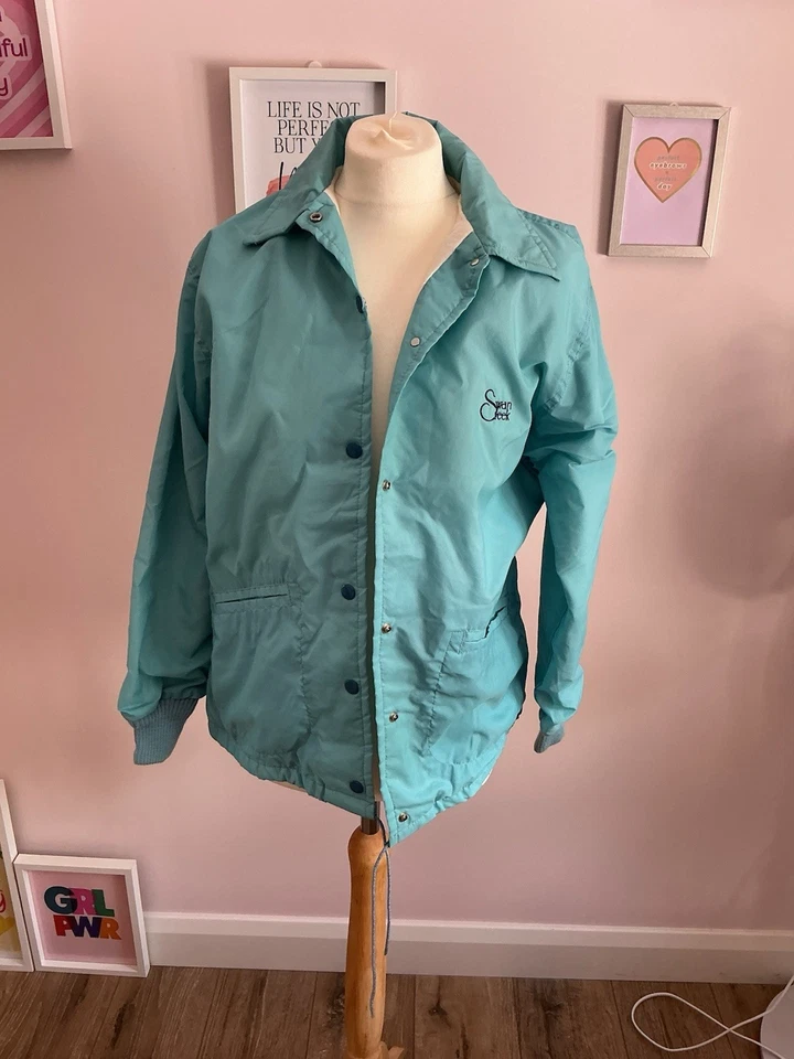 Vintage 80er 90er West Wind Swan Creek Coach Jacke blau Fleece gefüttert Druckknopf Damen - Bild 1 von 4