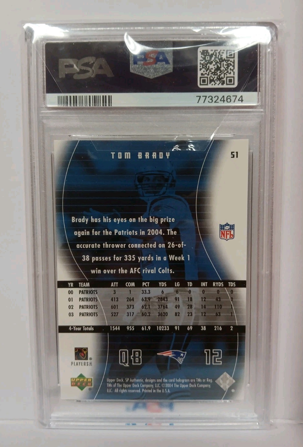 2004 TOM BRADY SP AUTHENTIC  #51  PSA 10   GEM MINT view 2