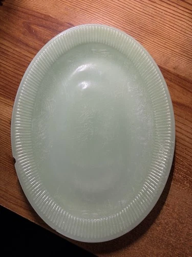 Vintage Fire King Jadeite Oval Serving Platter Jane Ray 12X9 Ribbed- with chip