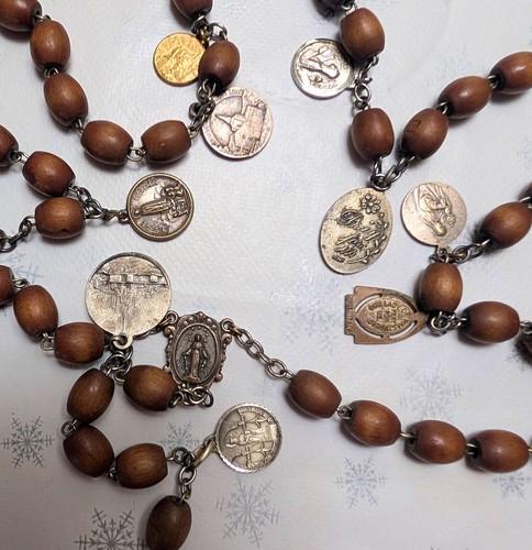 ANTIQUE VINTAGE RELIGIOUS RARE LONG ITALIAN ROSARY 11 MEDALLIONS CATHOLIC - Afbeelding 3 van 13
