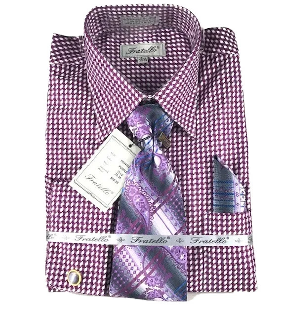 Camisa de vestir Fratello para hombre púrpura blanco azul corbata pañuelo tallas 15,5-19,5 Foto 3 de 4