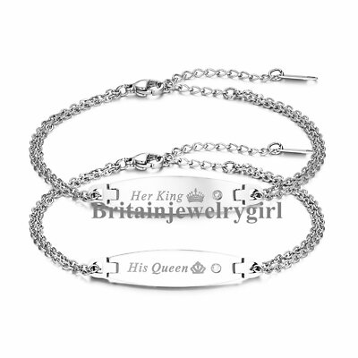 2pcs Her King and His Queen Couple Bracelets Set For Men Women Stainless Steel