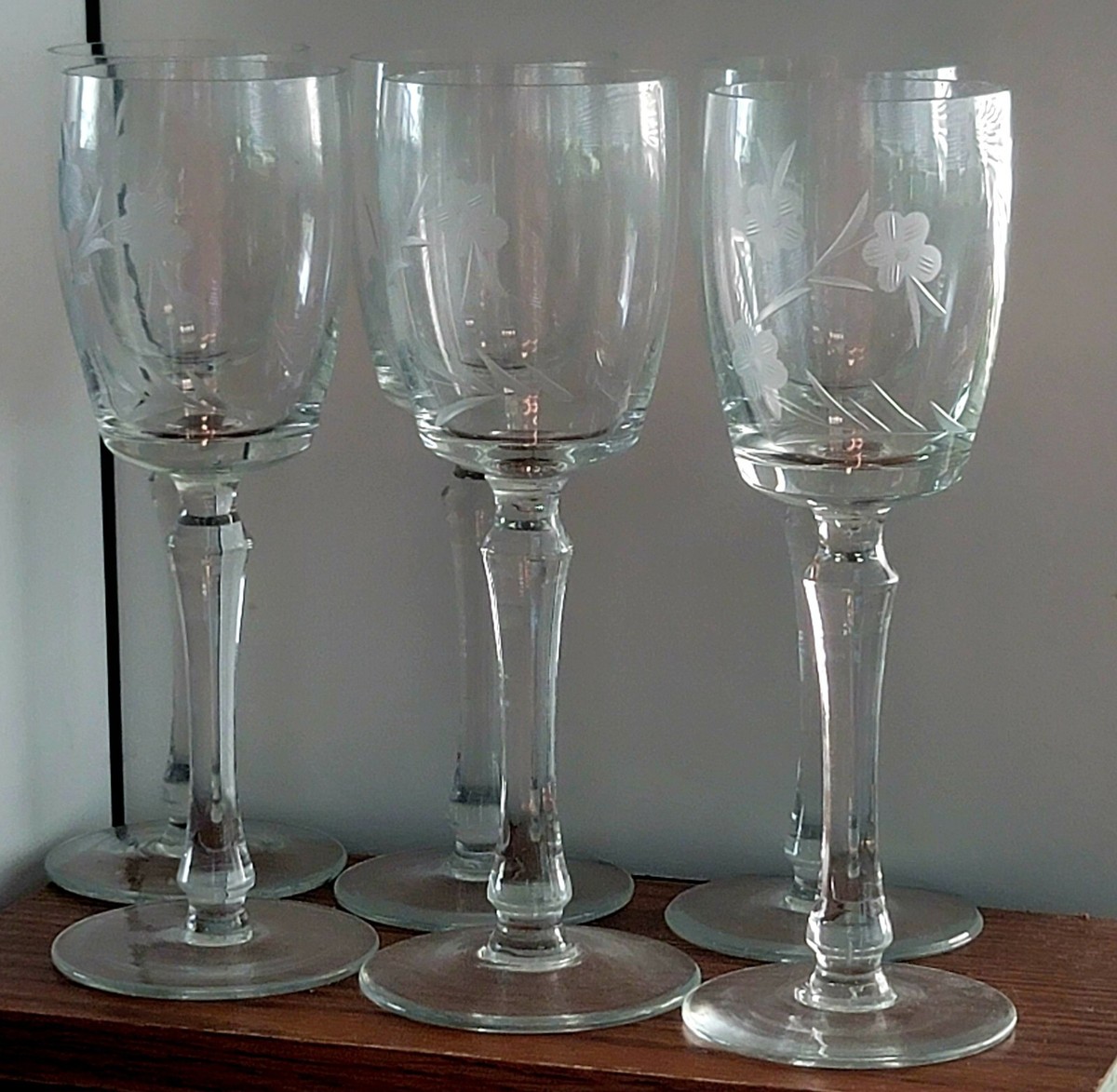 6 Vtg. Long Stem 6 oz Wine Glasses/Etched Floral W/ Carafe-Romania | eBay