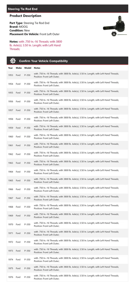 Para Ford P-350 1953-1976 Extremo de barra de dirección delantero izquierdo exterior MOOG 1953 1954 Foto 2 de 4