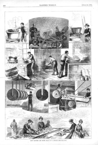 How Matches are Made - 7 Vignettes - Match Manufacturing - 1878 Antique Print